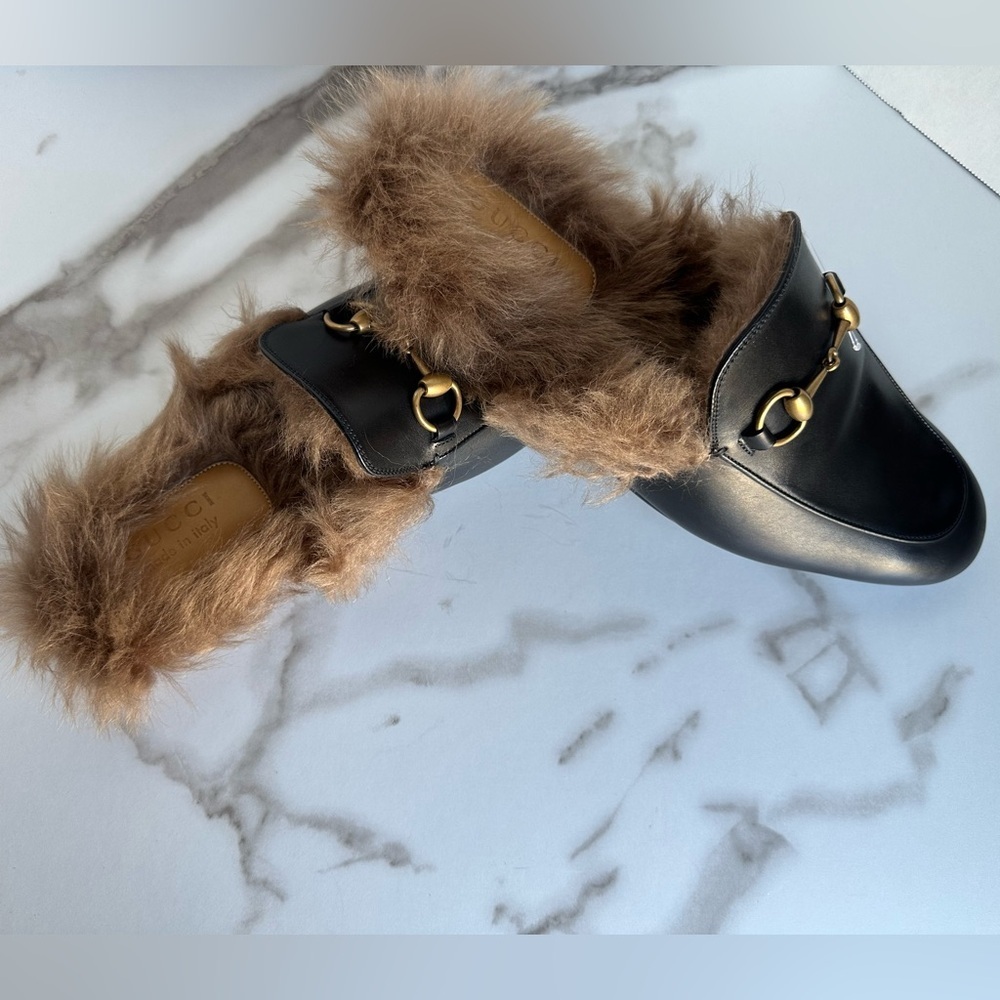 Gucci Princetown Black Leather Fur Loafer Slide Slip On Mule Slipper Flat 9 - Picture 12 of 14